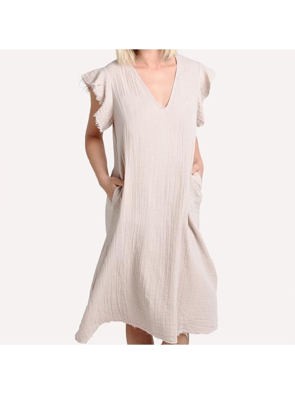 STARK X Women’s Cotton Ruffle Sleeve Dress Beige/Cream Boho Glam S